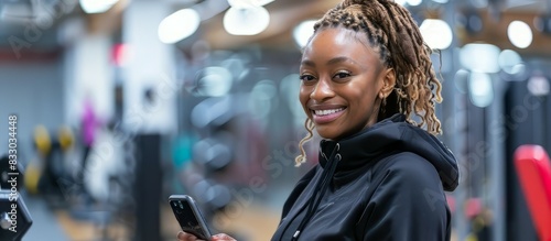 African Woman at Gym Smile while holding handphone photo