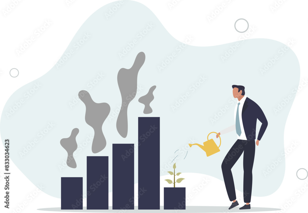 businessman leader watering seedling plant on bar graph with pollution smoke rising up.flat vector illustration.