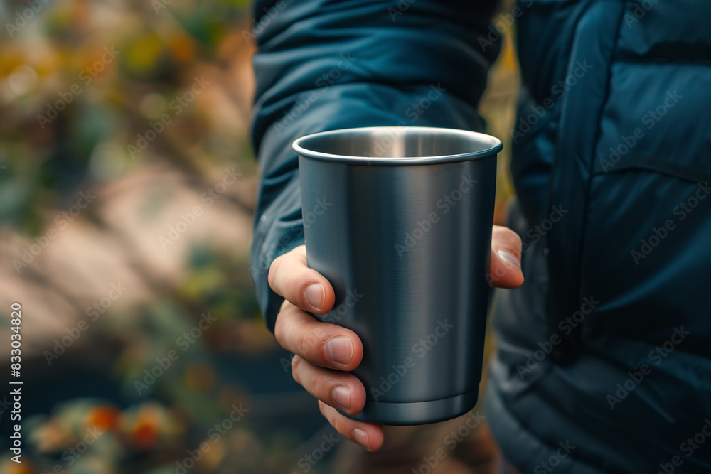 Hand holding gray stainless cup that can use for keeping temperature of drinks . Hand holding gray stainless cup that can use for keeping temperature of drinks .