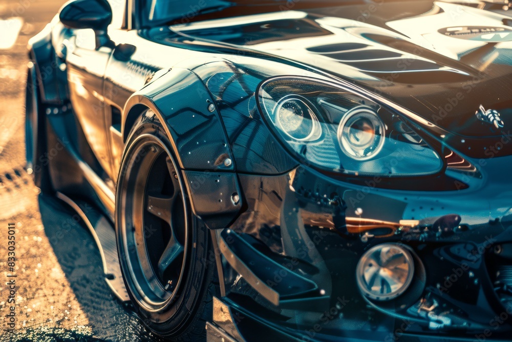 Black sports car damaged by bumper being crushed. Black sports car damaged by bumper being crushed.