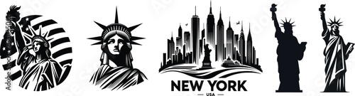Statue of liberty set, iconic symbol place in new york city usa, independence day, vector illustration.