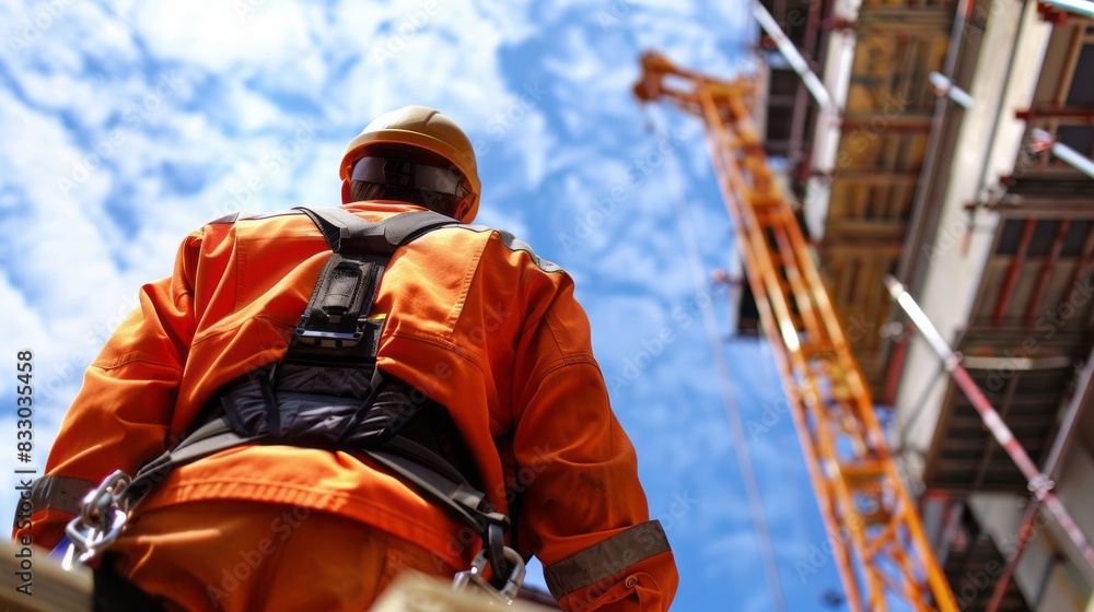 Man in orange jumpsuit looks up at crane. Man in orange jumpsuit looks up at crane.