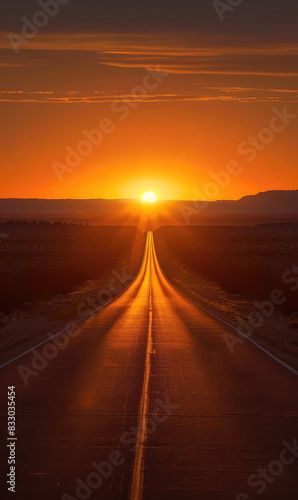 A tranquil sunset with glowing horizon on an empty desert road. Generate AI