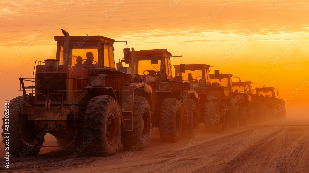 Row of tractors lined up on dusty road at sunset. Row of tractors lined up on dusty road at sunset.
