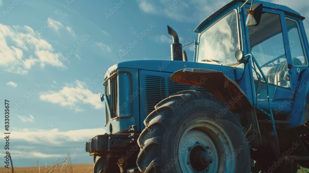 Fototapeta premium Tractor driving through field.