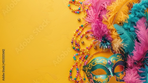 Colorful feather boa and beaded necklaces around a Mardi Gras mask on a yellow backdrop photo