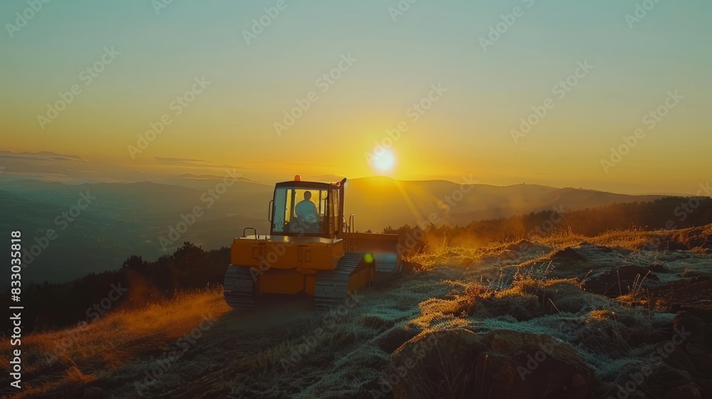 Bulldozer is parked on mountain as the sun rises in the background. Bulldozer is parked on mountain as the sun rises in the background.