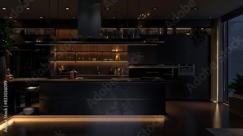 An ultra modern, spacious apartment with a trendy luxury kitchen decor in dark hues, featuring very cool LED lighting and an island for cooking, captured in HD