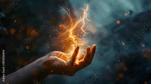 Hand holding up a lightning bolt. Energy and power photo