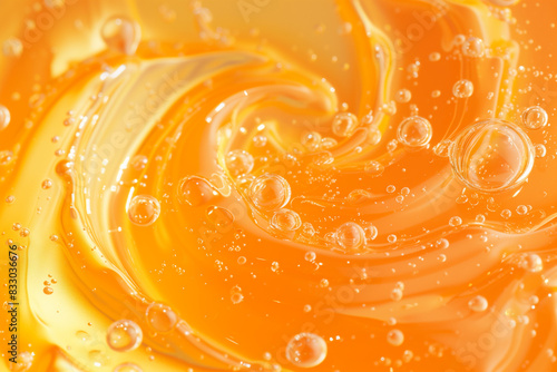 Face serum, gel texture. Cosmetic vitamin C cream with bubbles background. Clear orange colored skin moisturizer.


