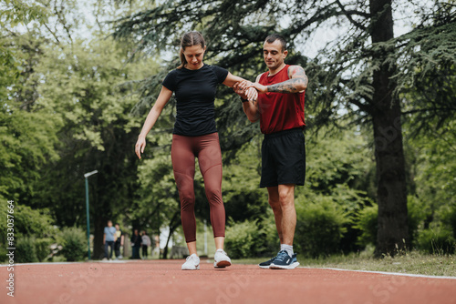 Fit young man cares for his injured girlfriend during a morning run in a serene, green park, depicting compassion and partnership.