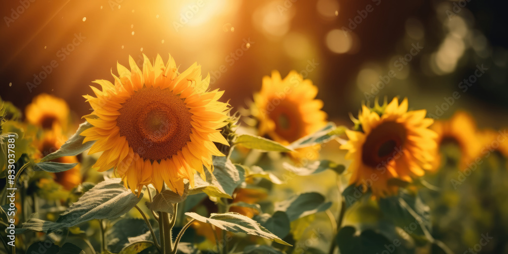 Fototapeta premium Sunflowers in sunny day. Sunflowers field. Sunflower on a blurred summer nature landscape. Beautiful Floral Background for greeting card for Birthday, Fathers Day, Mother's day