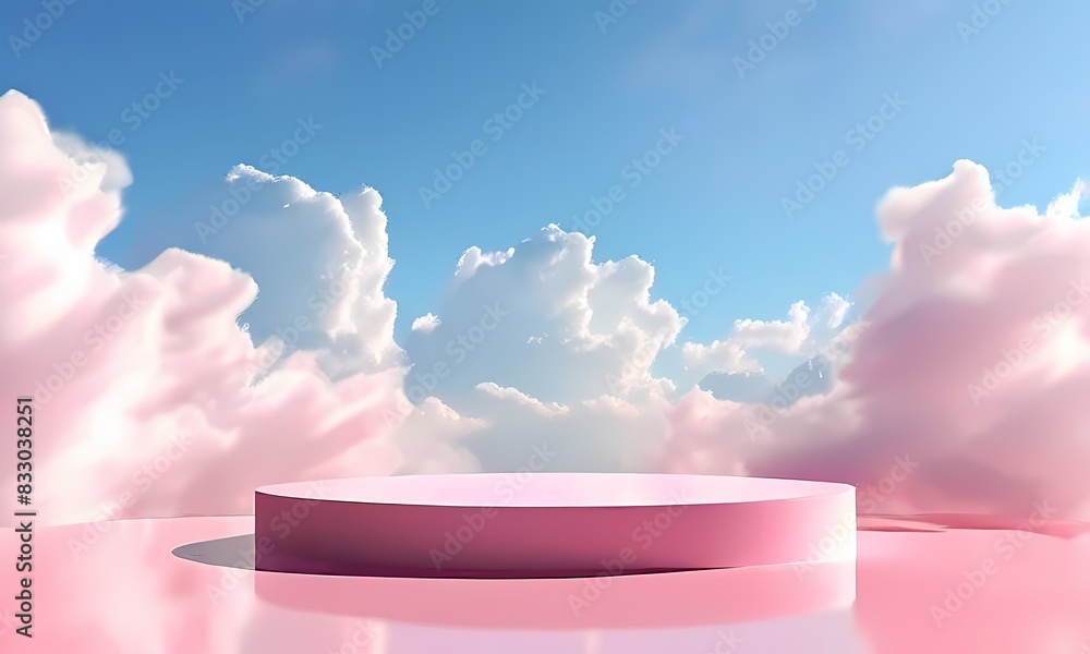 Pink plinth stage centered elevated surrounded by billowy white clouds in a clear sky, Ai Generated
