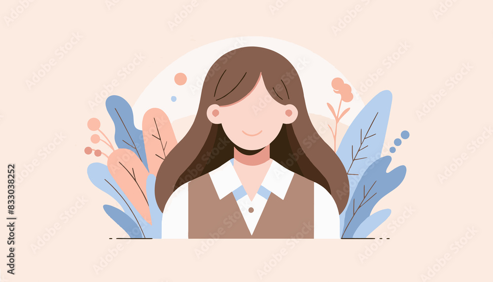 Flat illustration of avatar of a female employee with long brown hair with plants in the background for team members presentation on about us page Flat illustration of avatar of a female employee with long brown hair with plants in the background for team members presentation on about us page
