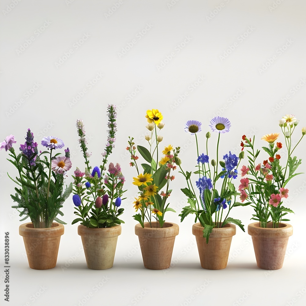 Small Flower Pot Set with Mixed Wildflowers D Rendered Isolated Set against White Background Small Flower Pot Set with Mixed Wildflowers D Rendered Isolated Set against White Background