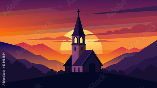 The stark contrast of a dark church steeple against the vibrant colors of the sunrise.. Vector illustration