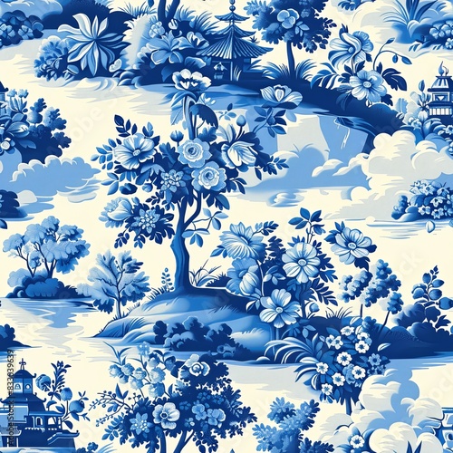 bold blue oriental french toile seamless pattern