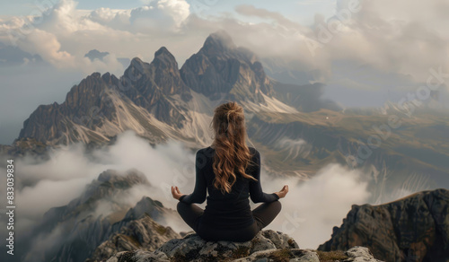 A woman meditating on top of a mountain, with a beautiful scenery and an epic view. Misty clouds below the peak with mountains in the background. 