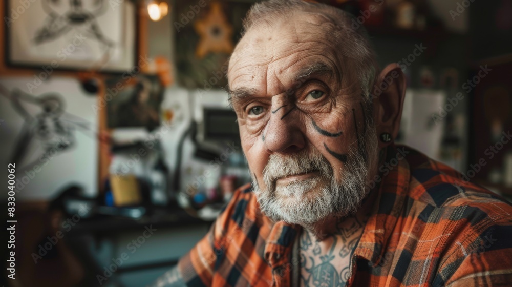 Portrait of a old man tattoo artist at studio tattoo Portrait of a old man tattoo artist at studio tattoo