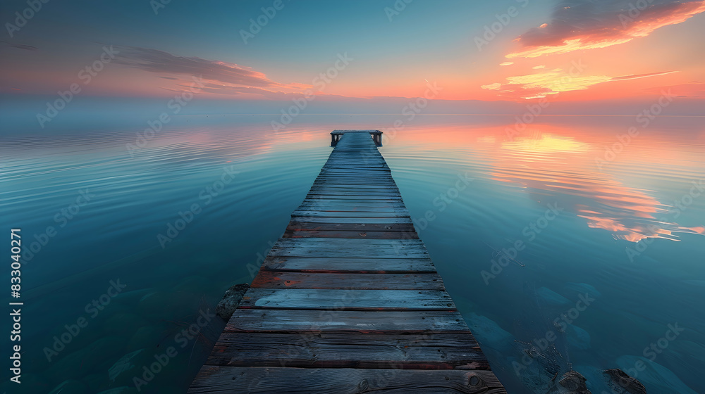 A vibrant nature lake landscape with a wooden pier extending into the water, the calm surface reflecting the sky
