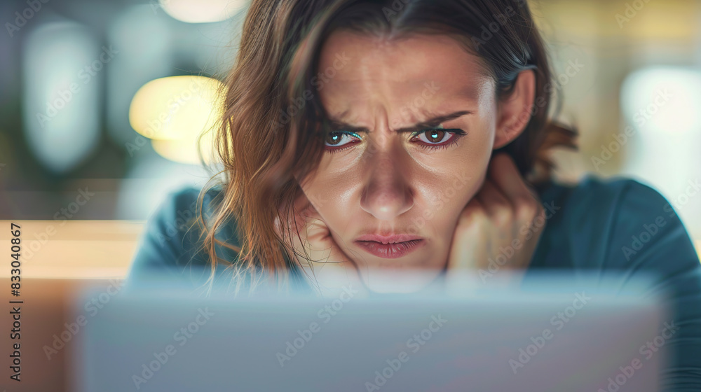An angry woman looking at her laptop screen with a worried expression An angry woman looking at her laptop screen with a worried expression