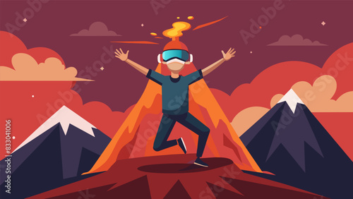 Feel the burn as you conquer a virtual volcano climb in our exhilarating VR spin experience.. Vector illustration