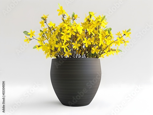 Modern Flower Pot with Yellow Forsythias  D Rendered Isolated on White photo