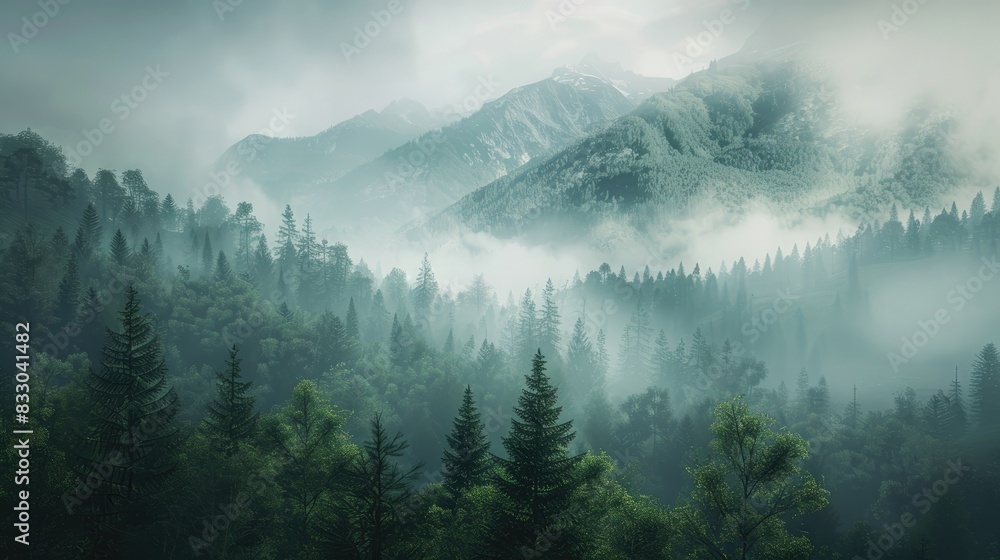 Obraz premium Foggy Mountain Morning View