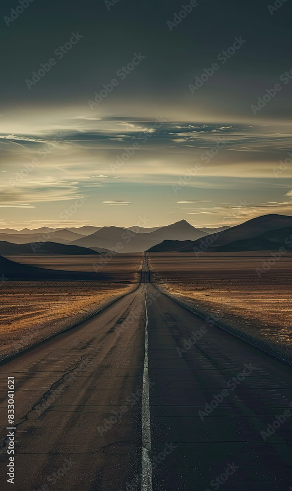 An empty road leading towards the horizon under a warm sunset in a vast desert.   Generate AI