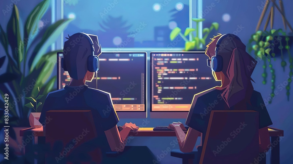 Pair Programming Two figures working together on one computer, indicating pair programming and collaborative coding Pair Programming Two figures working together on one computer, indicating pair programming and collaborative coding