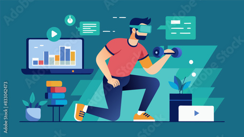 A man using VR technology to track his daily fitness goals and progress while working remotely.. Vector illustration