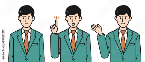 【案内/解説に最適】ポーズ別のビジネスパーソン男性の上半身イラスト