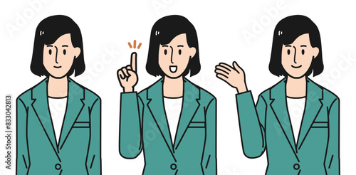 【案内/解説に最適】ポーズ別のビジネスパーソン女性の上半身イラスト