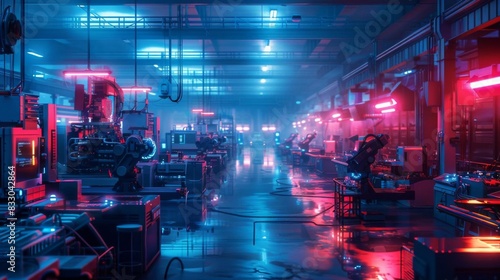 Futuristic factory with neon lights and advanced machinery creating a cyberpunk atmosphere of modern industrial development and innovation. photo