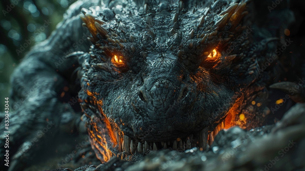 Close shot of a monstrous creature with glowing eyes, jagged teeth, and scaly skin, set against a dark, ominous forest background Close shot of a monstrous creature with glowing eyes, jagged teeth, and scaly skin, set against a dark, ominous forest background