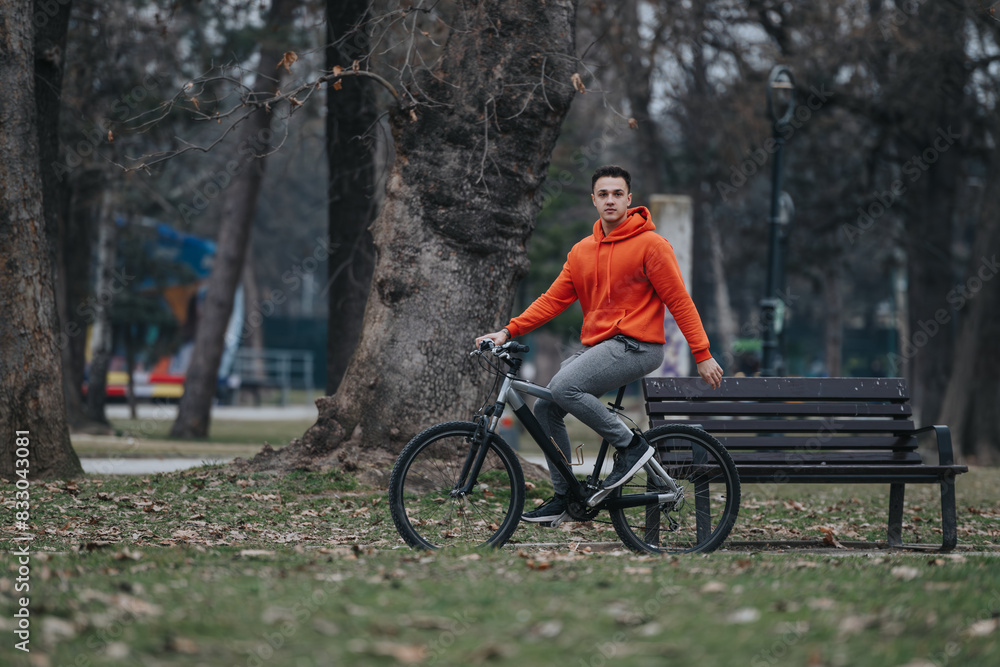 A young male cyclist rests with his bike in a serene park setting, under the overcast sky. A young male cyclist rests with his bike in a serene park setting, under the overcast sky.