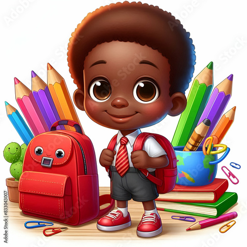 African little kid wearing a red school bag with white background.