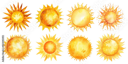 Watercolor sun illustration png element set on transparent background