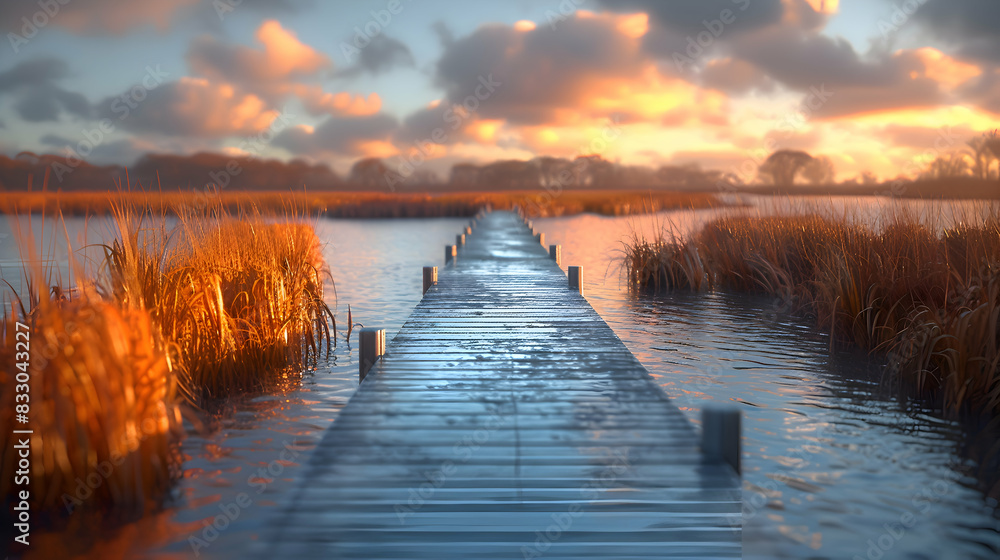 Fototapeta premium A vibrant nature marsh landscape with a wooden boardwalk extending over the water, the calm surface reflecting the sky