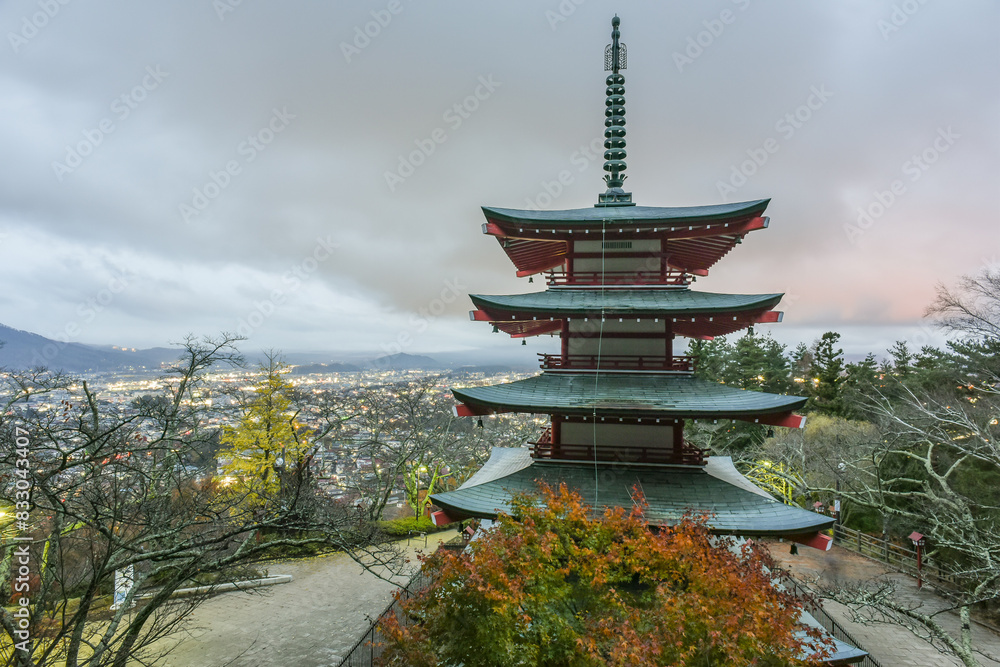 Landscape City View With Mt. Fuji And Colorful Maple (Ginkgo) Leaves At The Observation Deck Of Chureito Red Pagoda In The Autumn, Fujiyoshida, Yamanashi, Japan Landscape City View With Mt. Fuji And Colorful Maple (Ginkgo) Leaves At The Observation Deck Of Chureito Red Pagoda In The Autumn, Fujiyoshida, Yamanashi, Japan