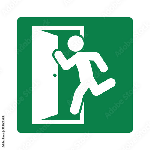 Isolated label sign emergency exit with running man pictogram in green rectangle label