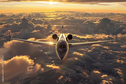 A sleek personal jet soaring through a cloud layer with a breathtaking view of the sunrise below