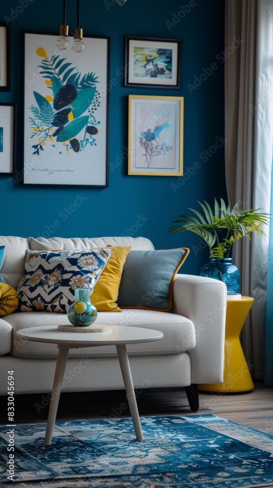 Fototapeta premium Interior Design of Living Room with Blue and Yellow Color Theme