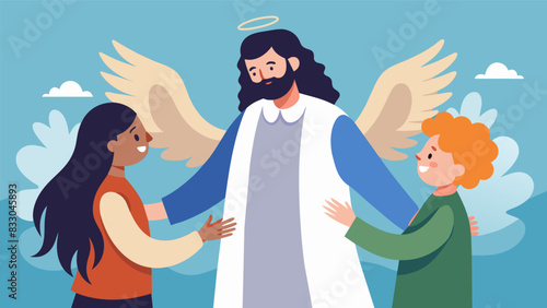 With a gentle smile and open arms a spiritual counselor offers comfort and encouragement to a grieving individual helping them find solace in their. Vector illustration
