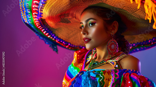 Fabulous Cinco de Mayo female dancer in neon light, generative ai