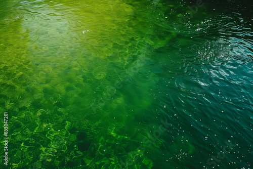 green river water caused by microalgae growth. microorganisms in a pond in summer give the water a green color. The surface of green water. Tropical green water textures.