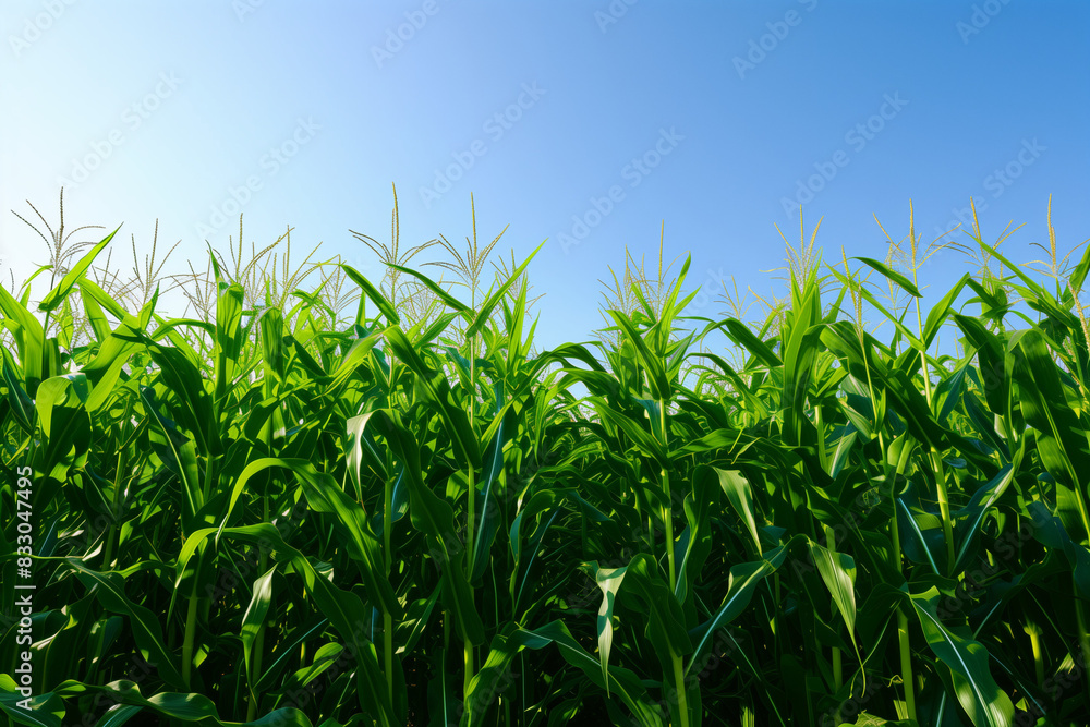 Green summer cornfield under the clear blue sky.
Green summer cornfield under the clear blue sky.