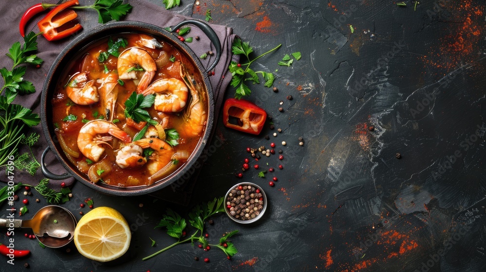 Moqueca fish and shrimp, a traditional dish of Brazilian cuisine. Stewed fish with shrimps, cooked in a delicious rich and aromatic broth. On a dark background. Moqueca fish and shrimp, a traditional dish of Brazilian cuisine. Stewed fish with shrimps, cooked in a delicious rich and aromatic broth. On a dark background.