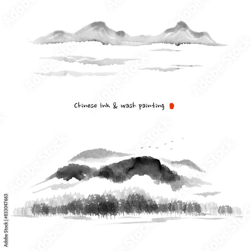 Hand-drawn Chinese ink wash painting of nature landscape. Forest, clouds and mist and mountains.