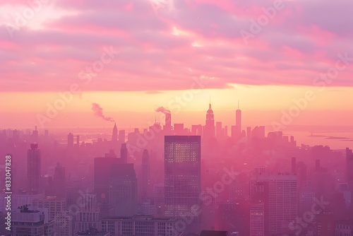 A sprawling cityscape bathed in the golden light of sunrise  with skyscrapers piercing a vibrant pink sky.